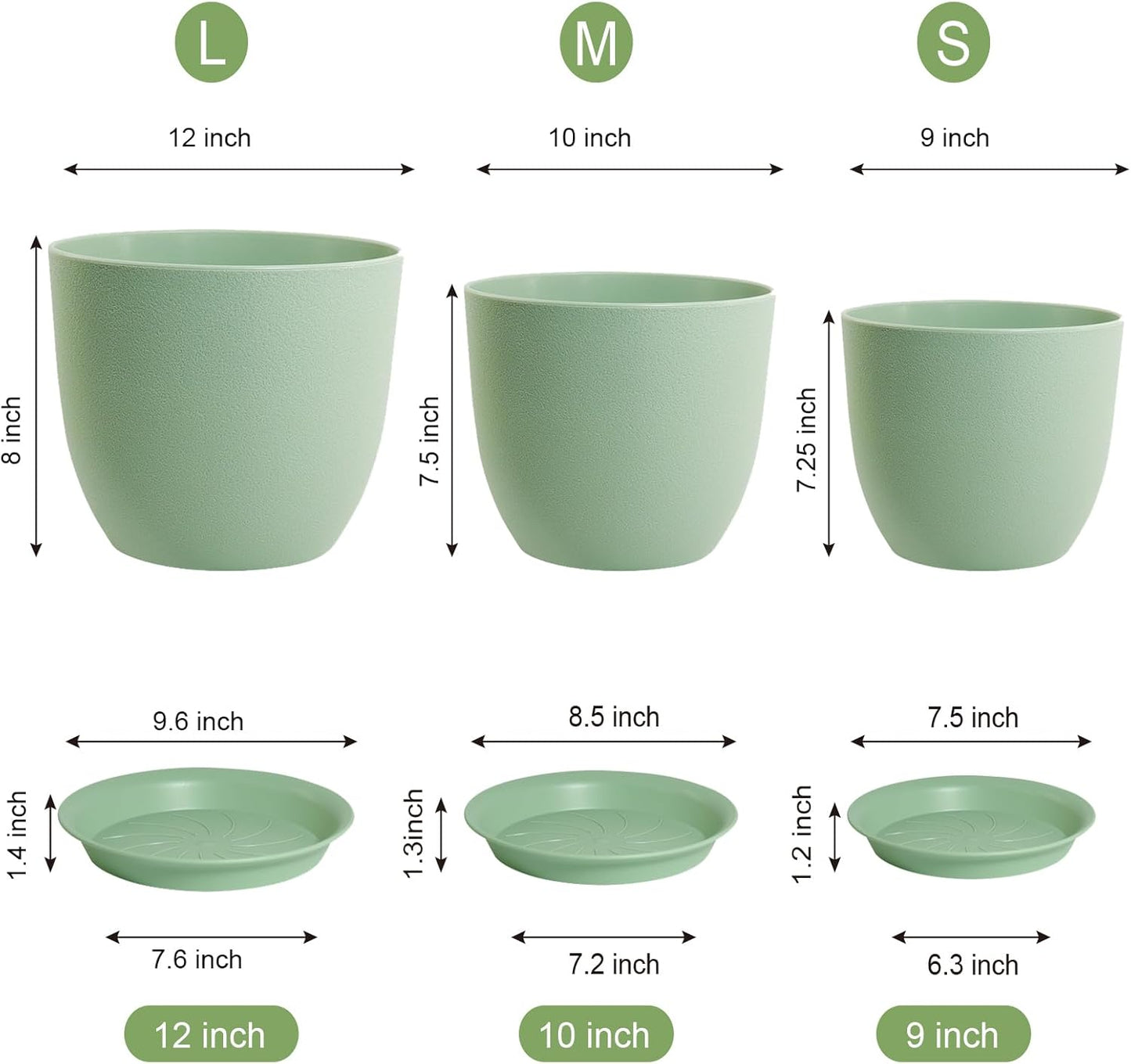 Large Plant Pots 12/10/9 inch, Set of 3 Modern Decorative Plastic Planters with Drainage Holes and Saucers, Flower Pots for Indoor Outdoor Plants, Green