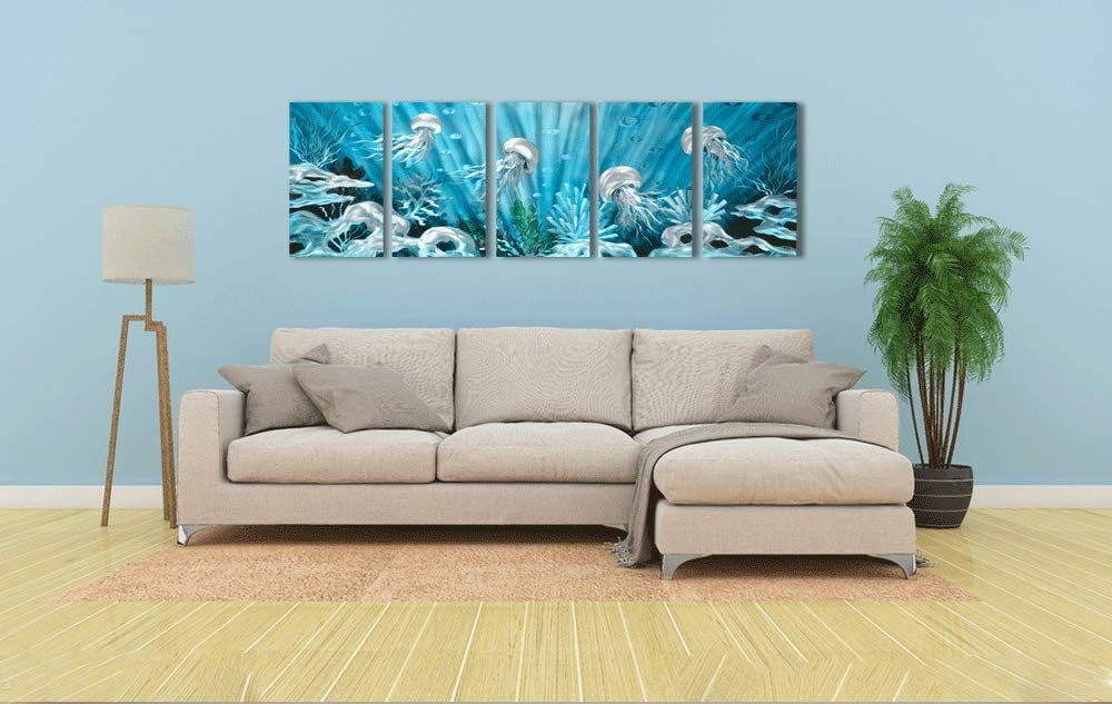Yihui Arts Blue Deep Ocean Extra Large Jellyfish Metal Wall Art, in Modern Ocean Design, 3D Wall Art for Modern and Contemporary Decor, 5-Panels, Metal Wall Decor Works Indoors and Outdoors