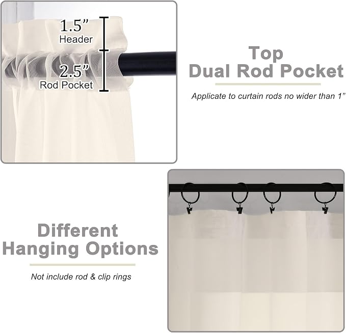 Cream Sheer Curtains for Bedroom Living Room 96 Inches Long 2 Panels, Modern - Image 4