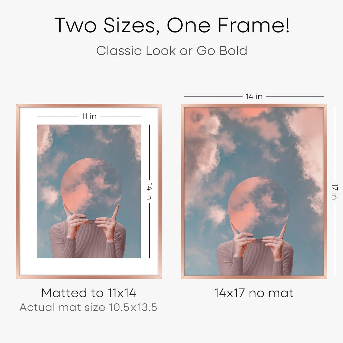 Homeforia 14x17 Picture Frame Rose Gold, High End Metal 14x17 Poster Frames with Mat 11x14 inch Photo, 14 x 17 Rose Gold Frame Matted to 11 by 14 Print, 17x14 Frame, Tempered Glass, Wall Kit, Set of 1