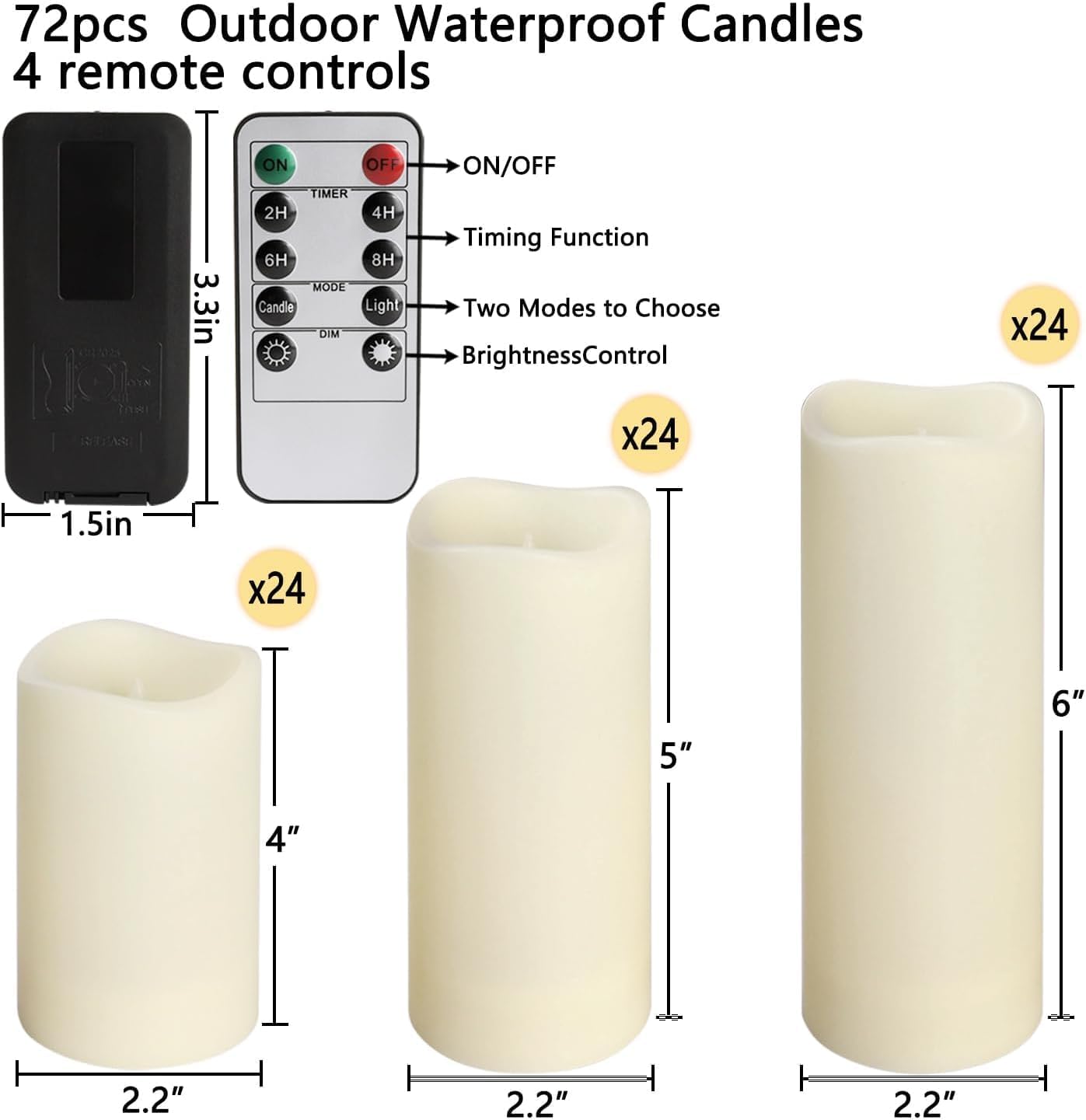Set of 72 Flameless Led Battery Opeated (D2.2'' x H4''5''6'') Waterproof Outdoor Indoor Candles with 10-Key Remotes and Cycling 24 Hours Timer
