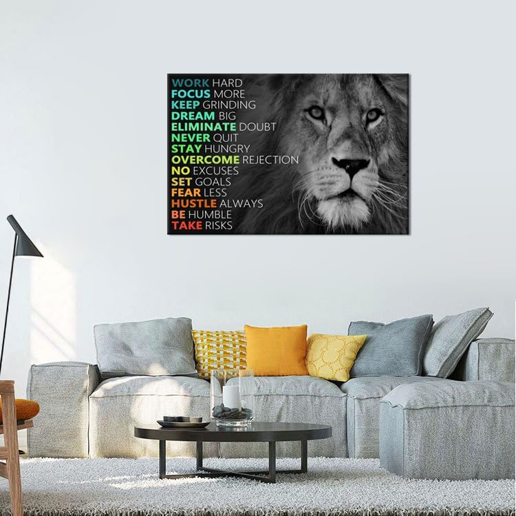 Motivational Lion Canvas Wall Art for Office Colorful Poster Painting Artwork Inspirational Picture Print Wall Decor for Home Living Room Bedroom Workplace Wooden Framed Ready to Hang [24''Wx 36''H]
