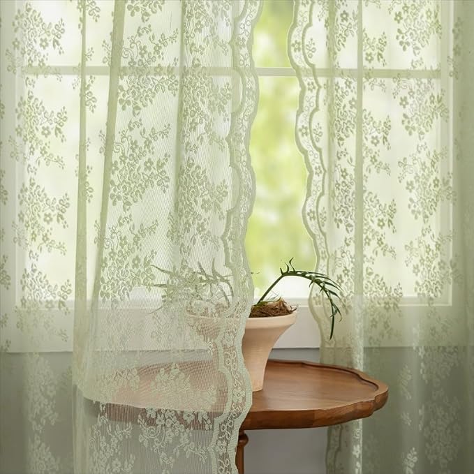 YJ YANJUN Vintage Lace Curtains 63 Inch Length-Elegant Floral Sage Green Sheer - Image 2