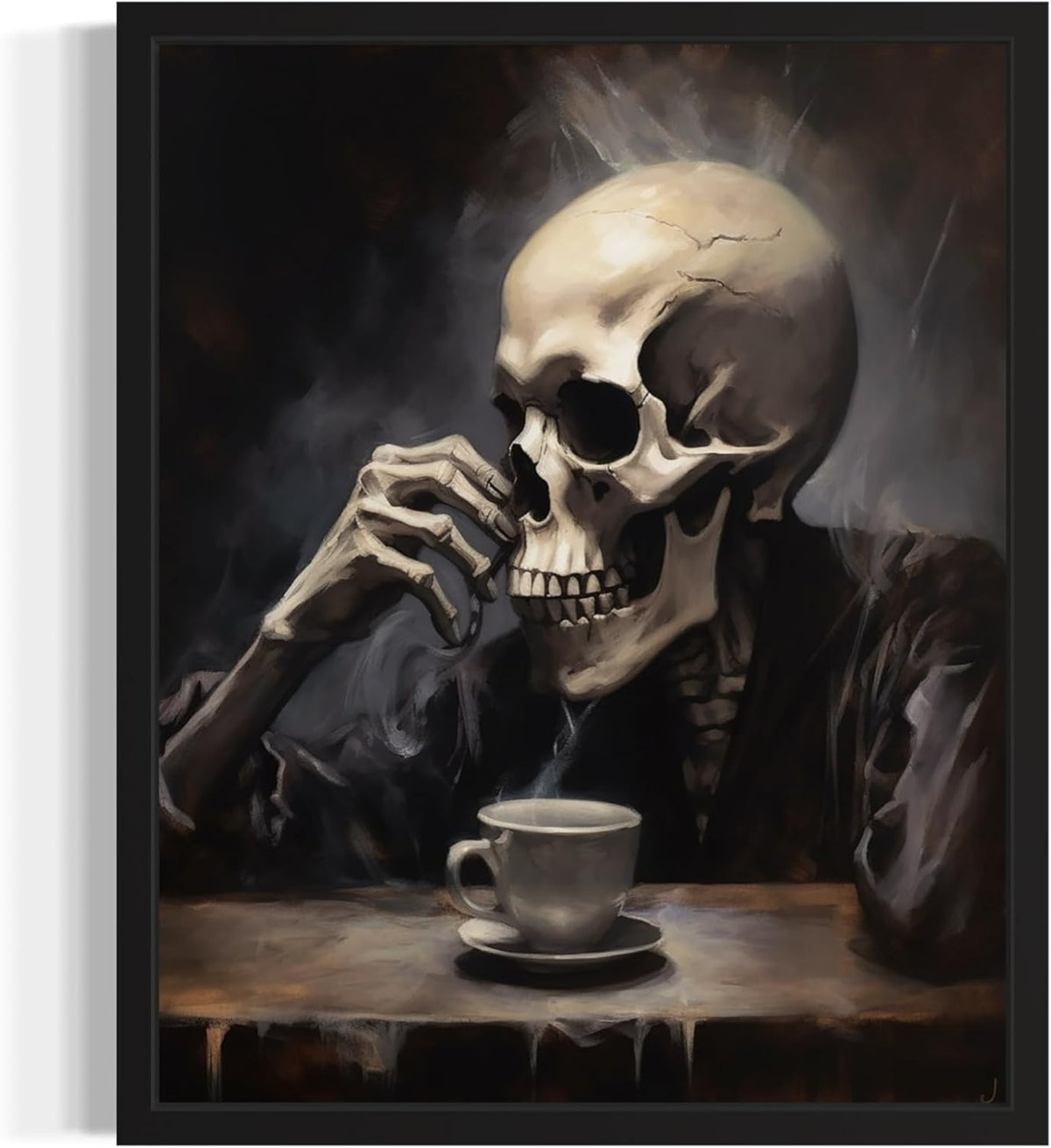 Skull Drinking Coffee Poster Art Print, Halloween Scary Vintage Wall Art Academia Spooky Painting Decoration for Horror Prints, Gothic Posters Bedroom Decor 89 (Skull Drinking Coffee, 11 x 14 inches, Black Frame)
