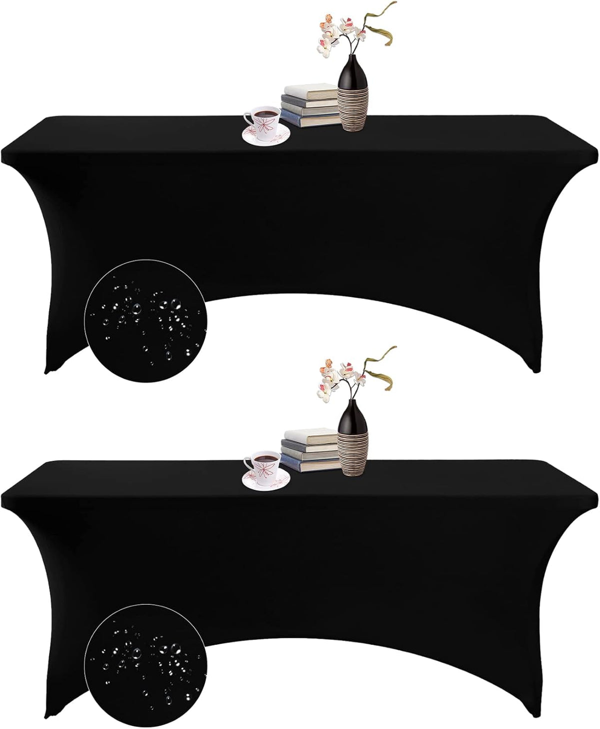 2Pack Spandex Waterproof Rectangular Table Covers, 6FT, Black, Stretchable, Stain Resistant, All-Season, Tablecloth for Party, Wedding, Banquet, Events