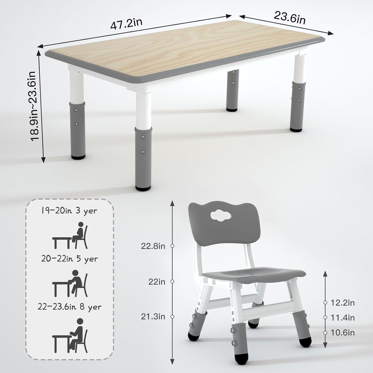 Kids Study Table and 6 Chairs Set,Height Adjustable Table and Chairs for Children and Toddlers,47.2"X23.6"Graffiti Desktop,Suitable for Daycare,Classrooms, Home