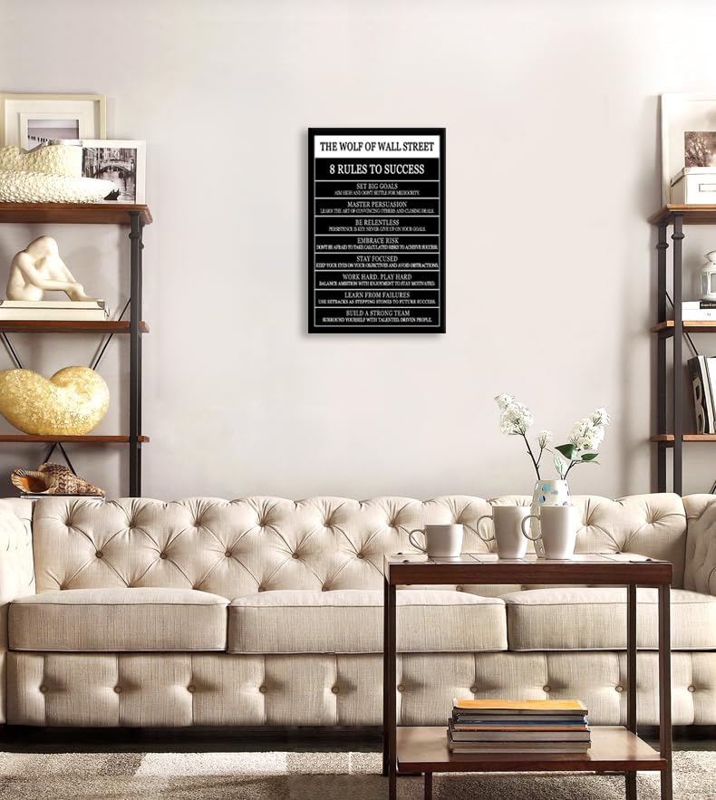 WYJDFART Inspirational Posters The Wolf Of Wall Street 8 Rules To Success Printed Canvas Painting Motivational Wall Art for Office Hallway Gym Bedroom Living Room Framed Ready to Hang[24" W X 36" H]