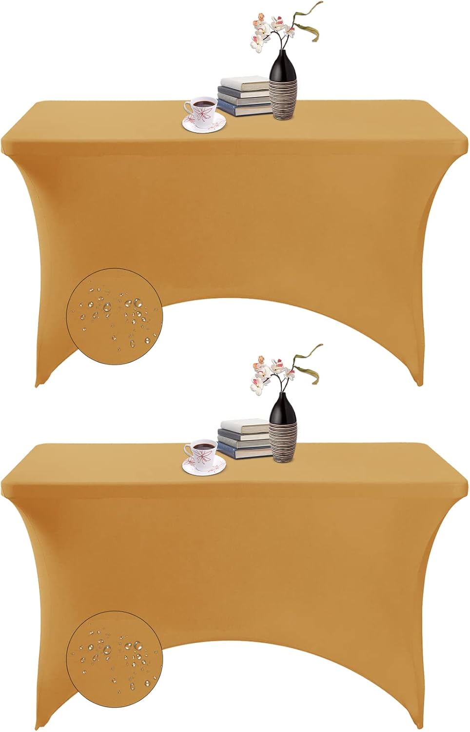 2Pack Spandex Waterproof Table Covers 4ft，Spandex 4ft Waterproof Table Cover for Party,Wedding, Banquet, and Events(Gold)