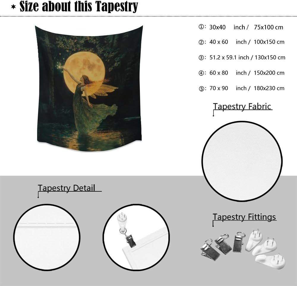 Whimsical Fairy Tapestry Fantasy Moonlight Fae Goddess Print Moody Gothic Aesthetic Wall Hanging Magical Forest Pictures Dark Cottage Witchy Tapestries for Girls Room Bedroom 60x80inch