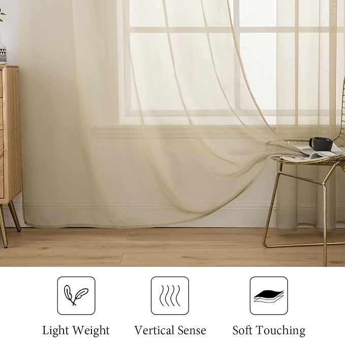 MIULEE 2 Panels Sheer Curtains for Living Room 54 X 102 Inches Beige | Window - Image 4