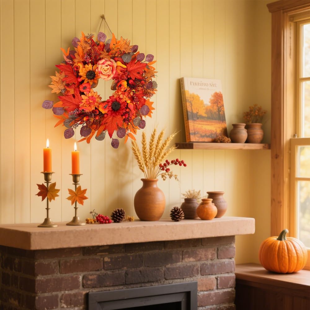 24" Fall Wreath for Front Door Outside - Sunflower, Pumpkin, Berry & Maple Leaves | Weatherproof Autumn Outdoor Wreaths with Hanger Hook for Thanksgiving, Harvest