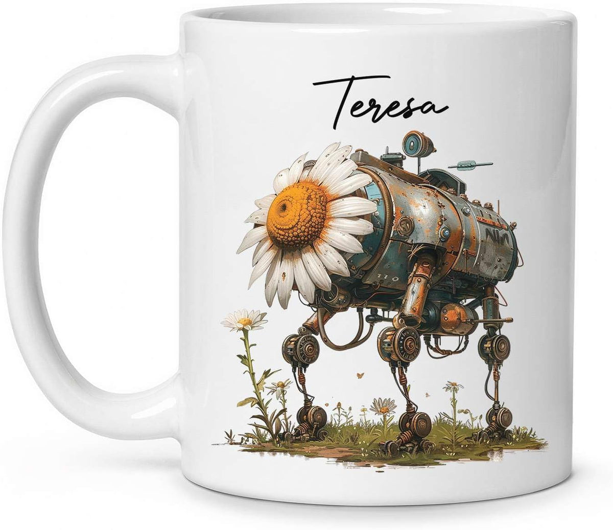 Customized Robotic Daisy Coffee Mug 11oz Or 15oz, Personalized Name On Mechanical Flower Mug, Novelty Ceramic Cup Gift For Tech Enthusiasts, Custom Nature Inspired White Mug