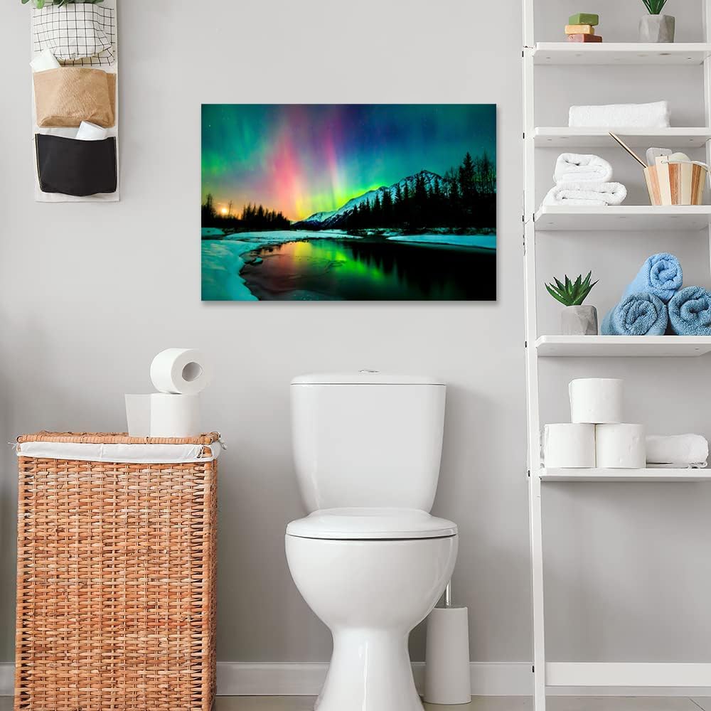 Aurora Borealis Canvas Wall Art Northern Lights Canvas Print Painting for Living Room Snowy-Mountains-Landscape Poster Picture Wooden Framed Prints Ready to Hang (24.00"x36.00")