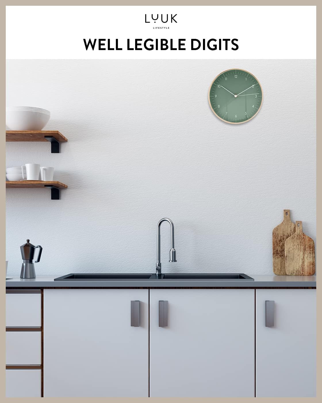 LUUK LIFESTYLE Wall Clock with Silent Movement, Without Ticking, Elegant and Functional Design, Housewarming Gift idea, Decorative, Dark Green and Gold