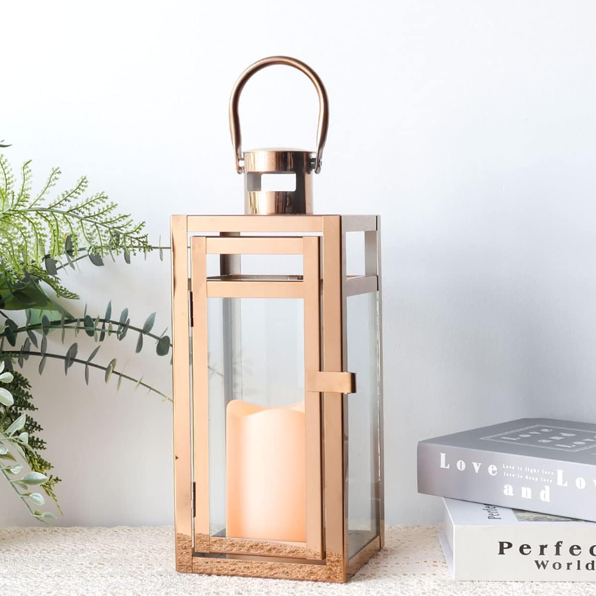 TRIROCKS Stainless Steel Decorative Lantern 12'' High Metal Candle Holder with Clear Glass Panels Perfect for Home Decor Living Room Parties Events Tabletop Indoors Outdoors (Rose Gold)