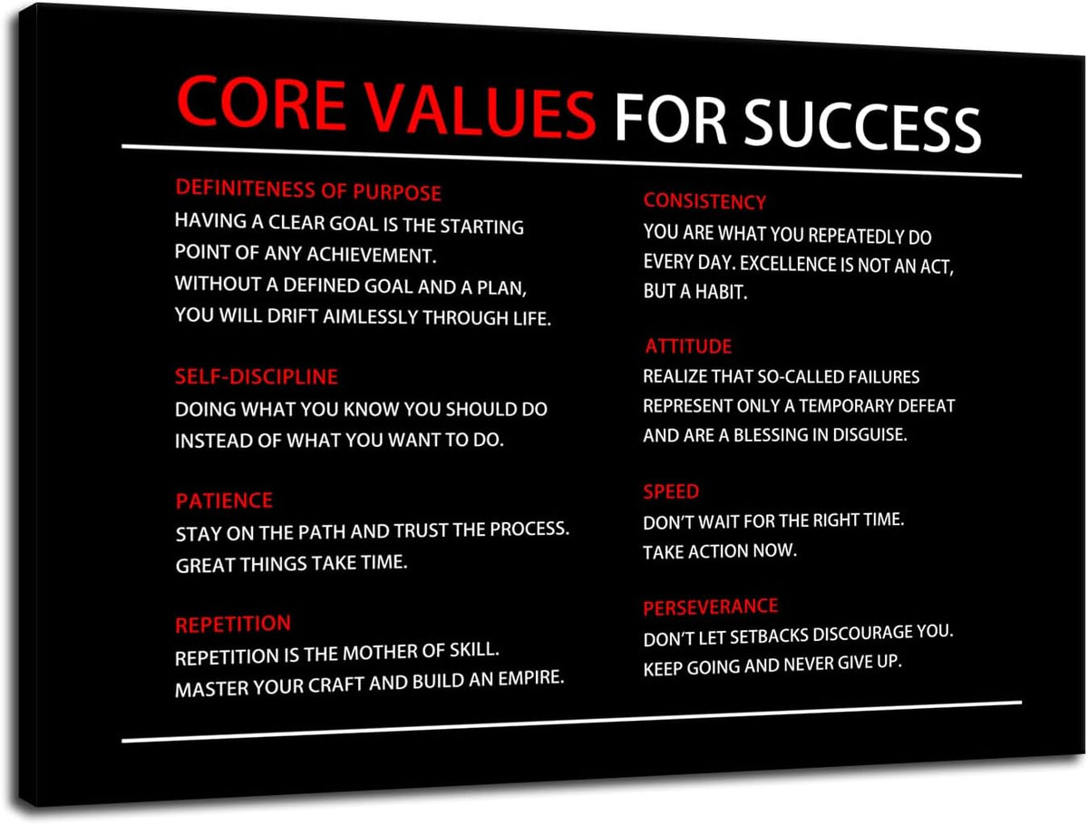 Inspirational Canvas Poster Core Values for Success Wall Art Painting Artwork Motivational Picture Print Wall Decor for Office Home Living Room Bedroom Wooden Framed Ready to Hang [12''Wx 18''H]