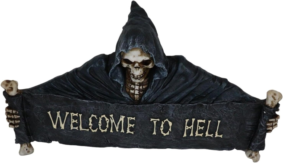 Ebros Large Grim Reaper Skeleton Opening Scroll Sign Of Bones Saying "Welcome To Hell" Wall Decor 17.5"Long Halloween Night Reaper Harvester of Souls 3D Hanging Art Plaque Sculpture