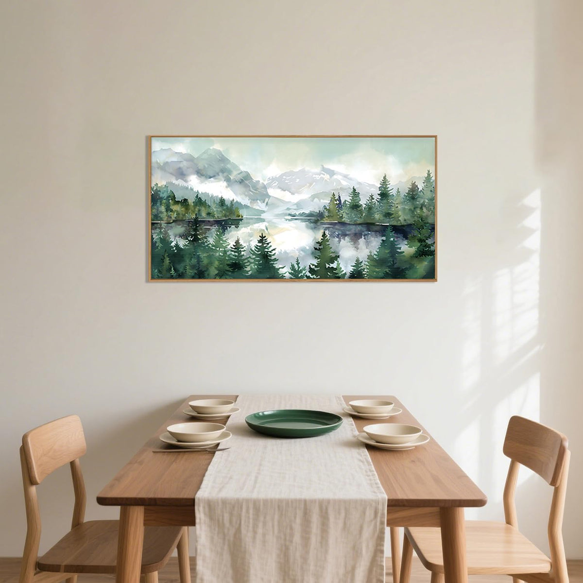 Celestdeco Watercolor Mountain Framed Canvas Wall Art Set, Boho Forest Wall Decor, Nature Green Pines Wall Painting, Forest Wilderness Artwork for Living Room, Bedroom, Dining Room, Office - 20"x40"x1