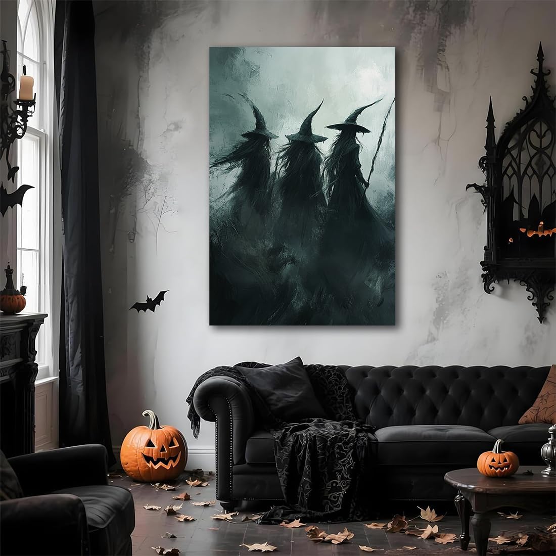 Gothic Witchs Horror Halloween Wall Art,Three Witches in Moody Forest Painting Wall Decor,Autumn Spooky Witches Forest Canvas Printing For Gallery Living Room Bedroom,24"x36" Framed