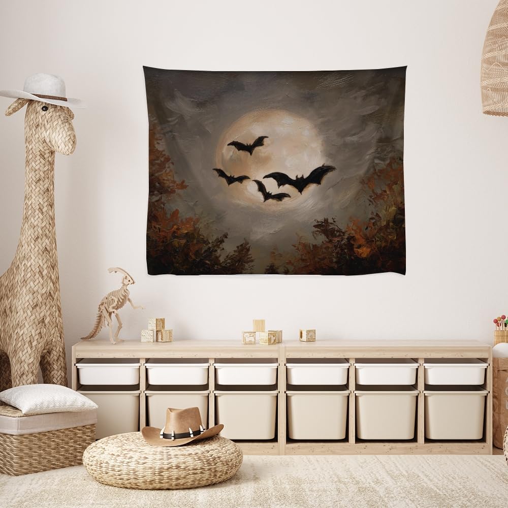 Spooky Halloween Bats Dark Academia Full Moon Autumn Leaves Wall Hanging Vintage Haunted Home Artwork Gothic Witchy Ghost Tapestries for bedroom Living Room Decor 40x60inch