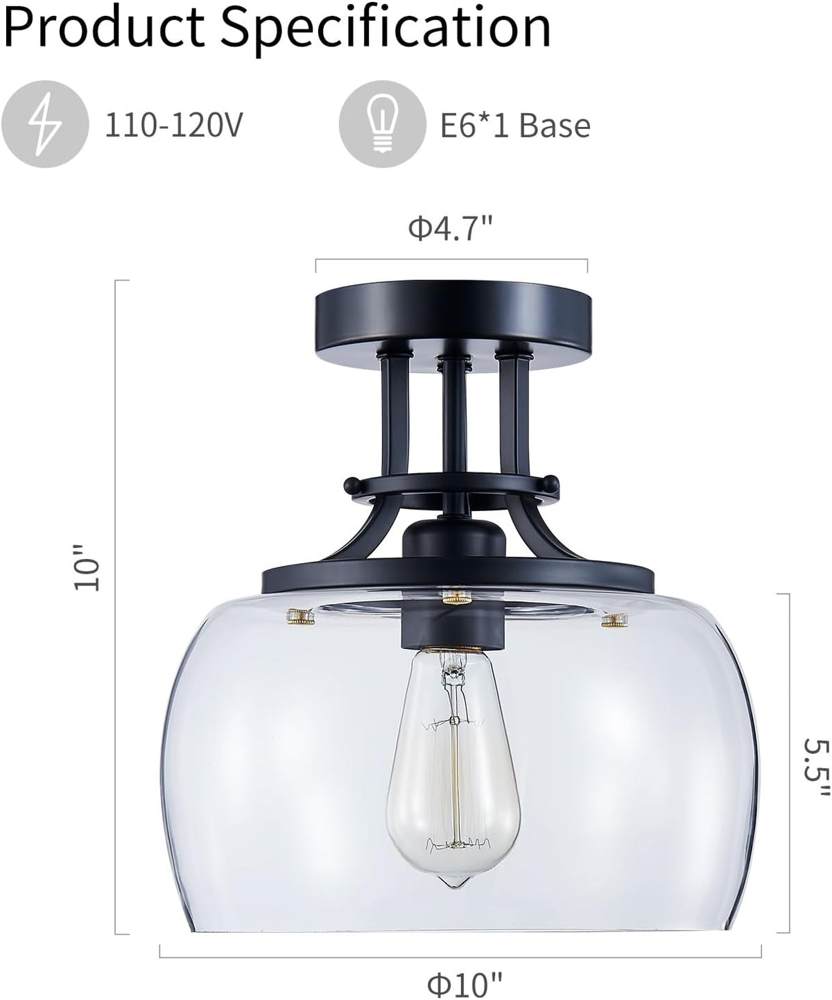 WUZUPS Chandelier Rustic Farmhouse Industrial Round Semi-flushmount Ceiling LED Light Fixture with Clear Glass Shades for Bathroom Kitchen Foyer Entryway, H 10" x W 10", E26 Base, Black