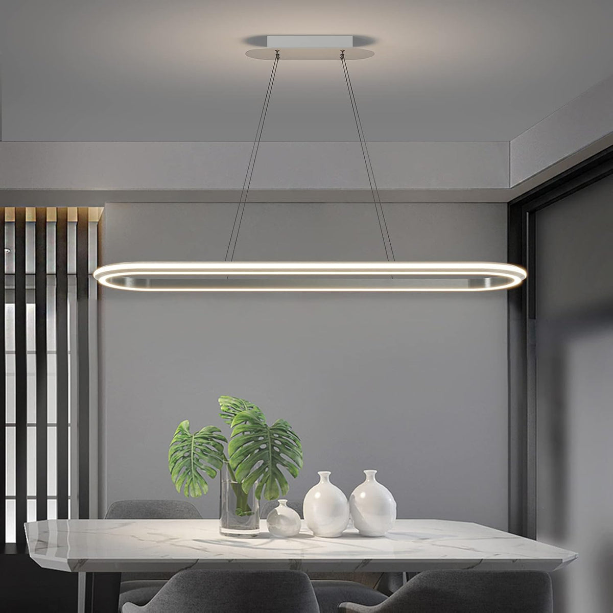 Island Lights, Linear Pendant Light LED Dimmable Hanging Light Fixture, 3000K-6000K with Remote Control,Chandeliers for Dining Room‎(Silver,43.3IN)