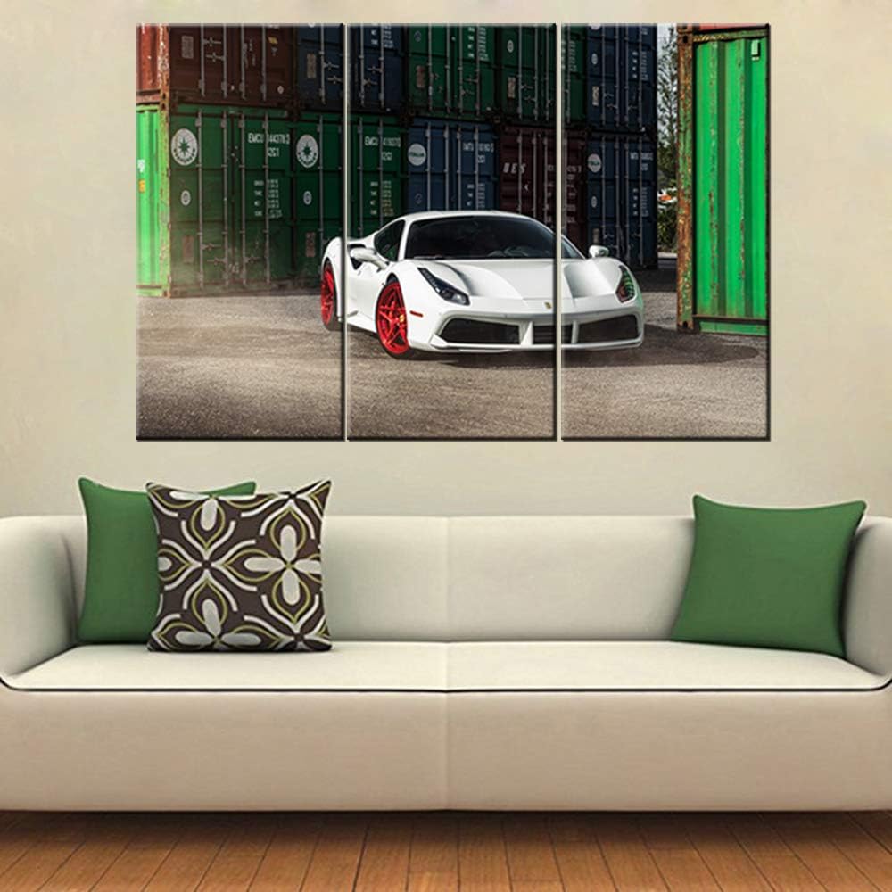 Canvas Print Wall Art Painting for Home Decor Red and White Sports Car 3 Pieces Panel Paintings Modern Giclee Stretched and Framed Artwork the Picture for Living Room Decoration - 12 x 24 inch x 3