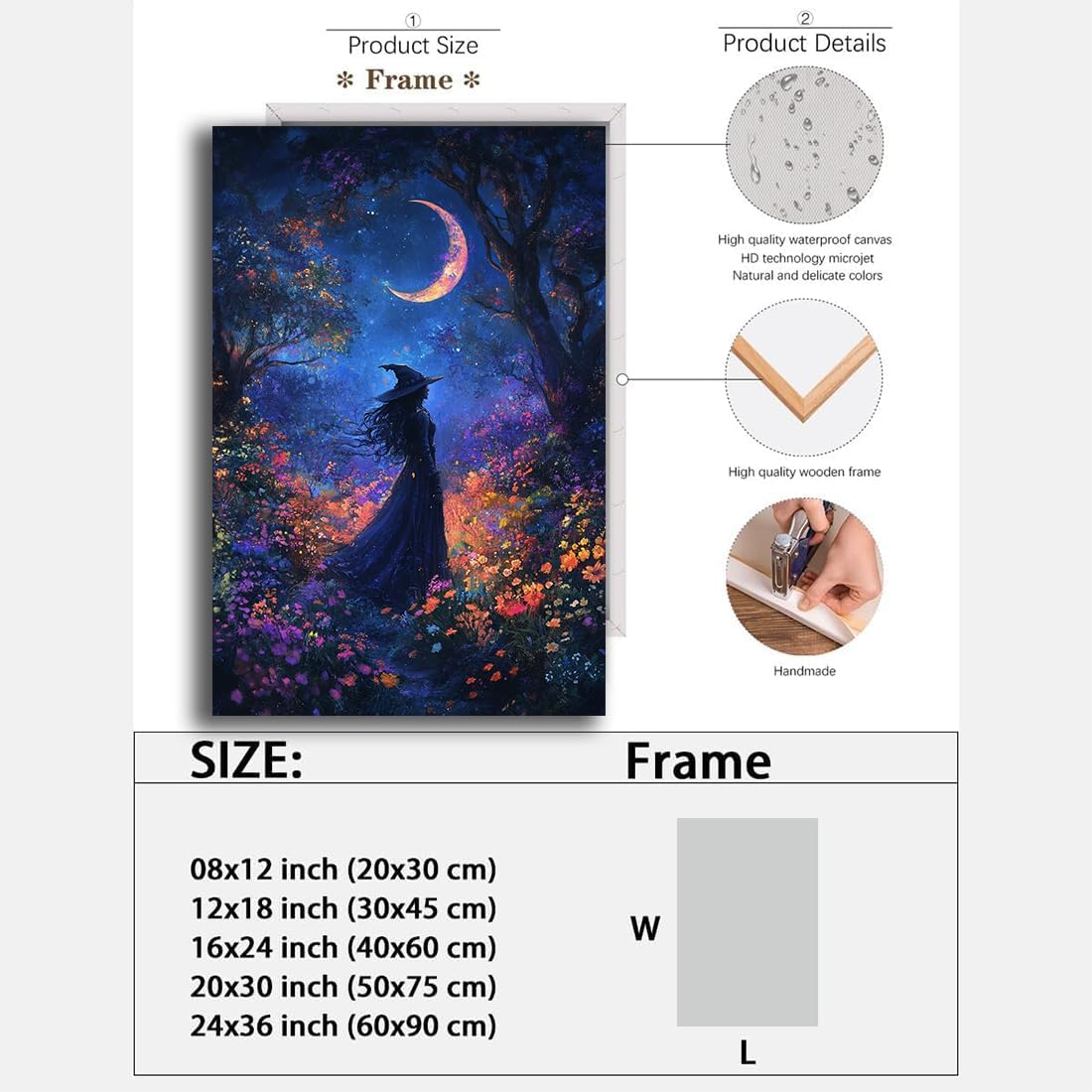 Vintage Halloween Witch Decor Mystic Gothic Wall Art Poster,Enchanting Witch Fall Whimsical Wildflowers Woodland Forest Crescent Moon Picture Art,Creepy Witchy Home Decor,12"x18" Framed