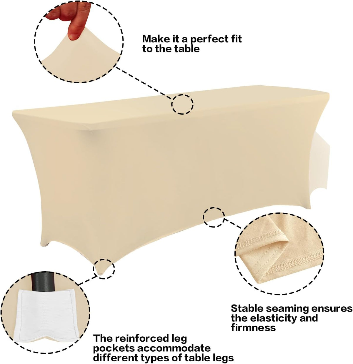 IVAPUPU 2 Pack 4FT Table Cloth for Rectangular Fitted Events Stretch Champagne Table Covers Washable Cover Spandex Tablecloth Protector for Party, Wedding, Cocktail, Banquet, Festival