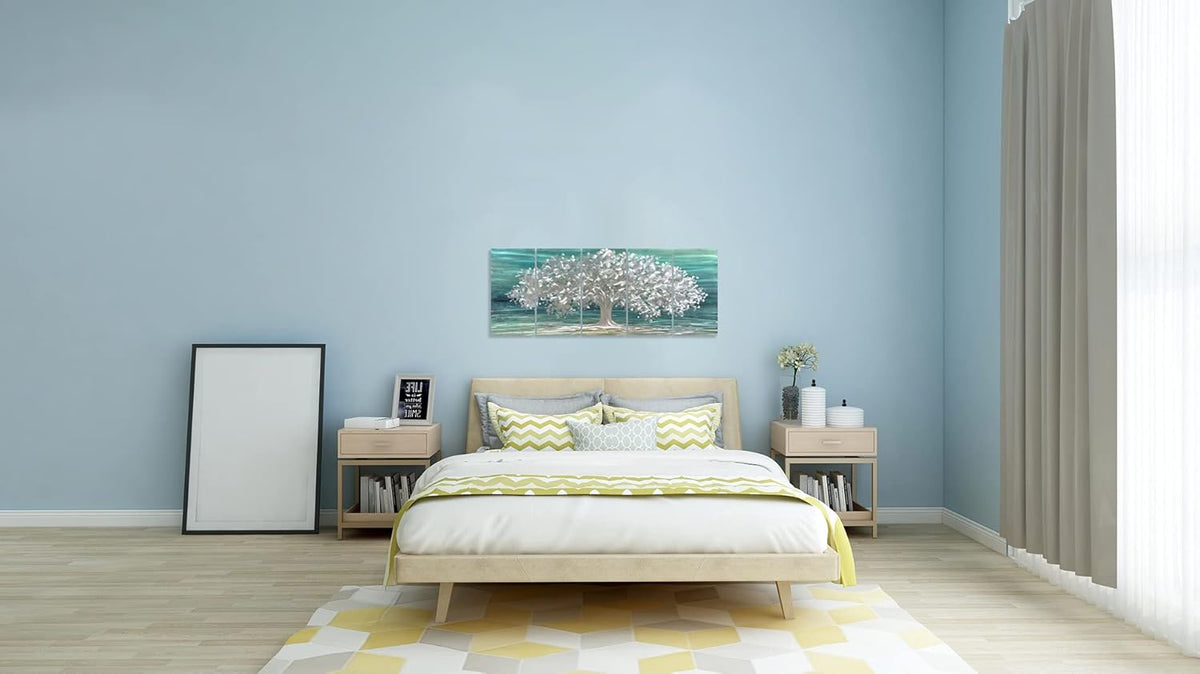Yihui Arts Tree Of Life Metal Wall Art Handcrafted Aluminum Artwork Teal and Silver Abstract Nature Pictures in 5 Pieces for Living Room Bedroom Bathroom Decor