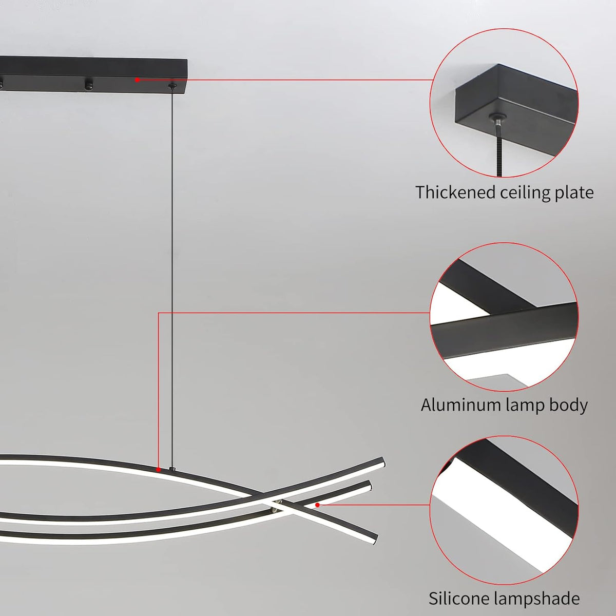 Pendant Light, Linear Pendant Light LED Dimmable Hanging Light Fixture, LED Modern Curved Chandelier, Chandeliers for Dining Room