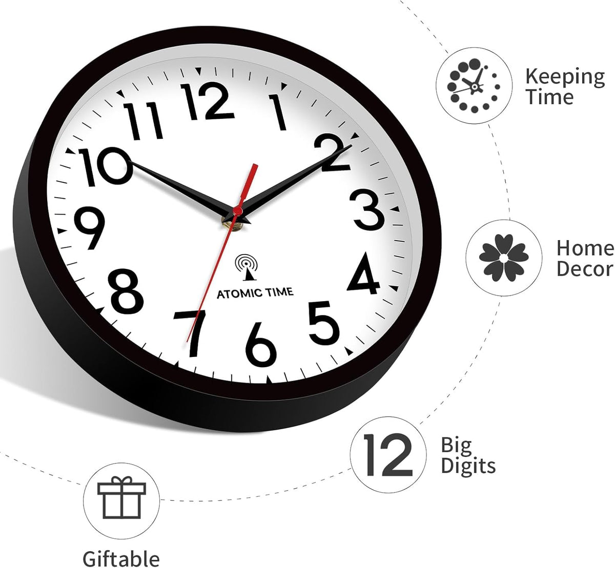 Atomic Wall Clock Analog 14 Inch Battery Operated Modern Decorative for Living Room Kitchen Office Bedroom Bathroom(Black)