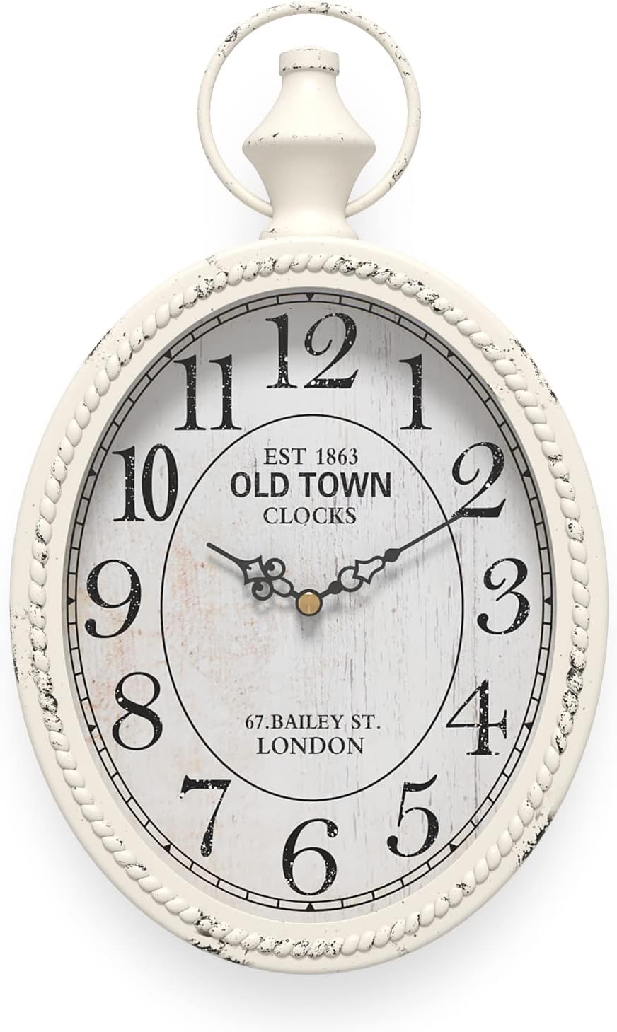 Menterry Small Retro Oval Wall Clock, Antique Old Design, White Vintage Style, Battery Operated Silent Decor Wall Clocks for Kitchen,Bedroom,Farmhouse,Bathroom (11.2" H x 6.7" W)