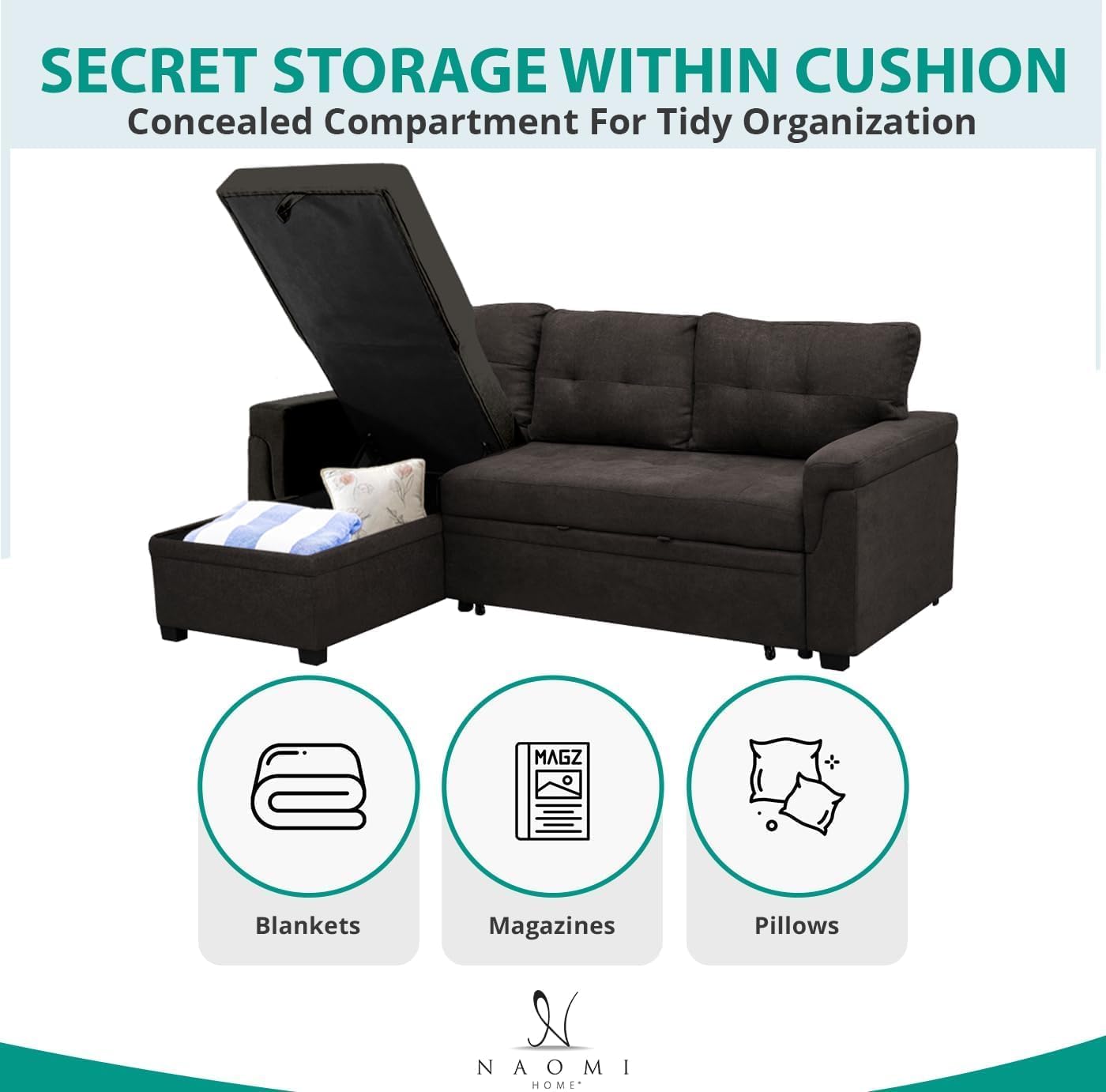 Naomi Home L-Shaped Reversible Sectional Sofa with Pull-Out Sleeper Bed and Storage Chaise, Espresso Velvet