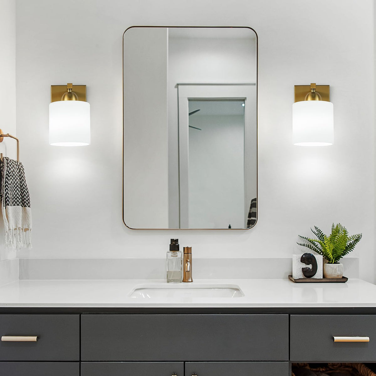 Gold Milk Glass Wall Sconces, 1 Pack Hardwired Indoor Wall Light Fixtures for Living Room, Hallway, Bedroom, Ceramic E26 Sockets (Bulbs Not Included)