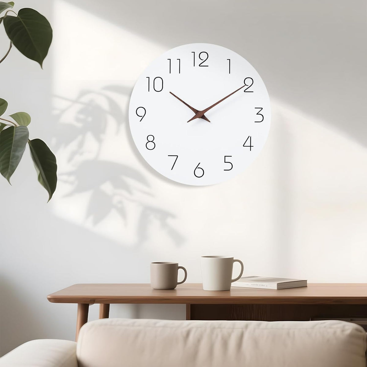 Mosewa Wall Clock 10 Inch Silent Non Ticking Wood Battery Operated Wooden White Modern Office Simple Minimalist Decorative for Kitchen Home Bathroom Living Room