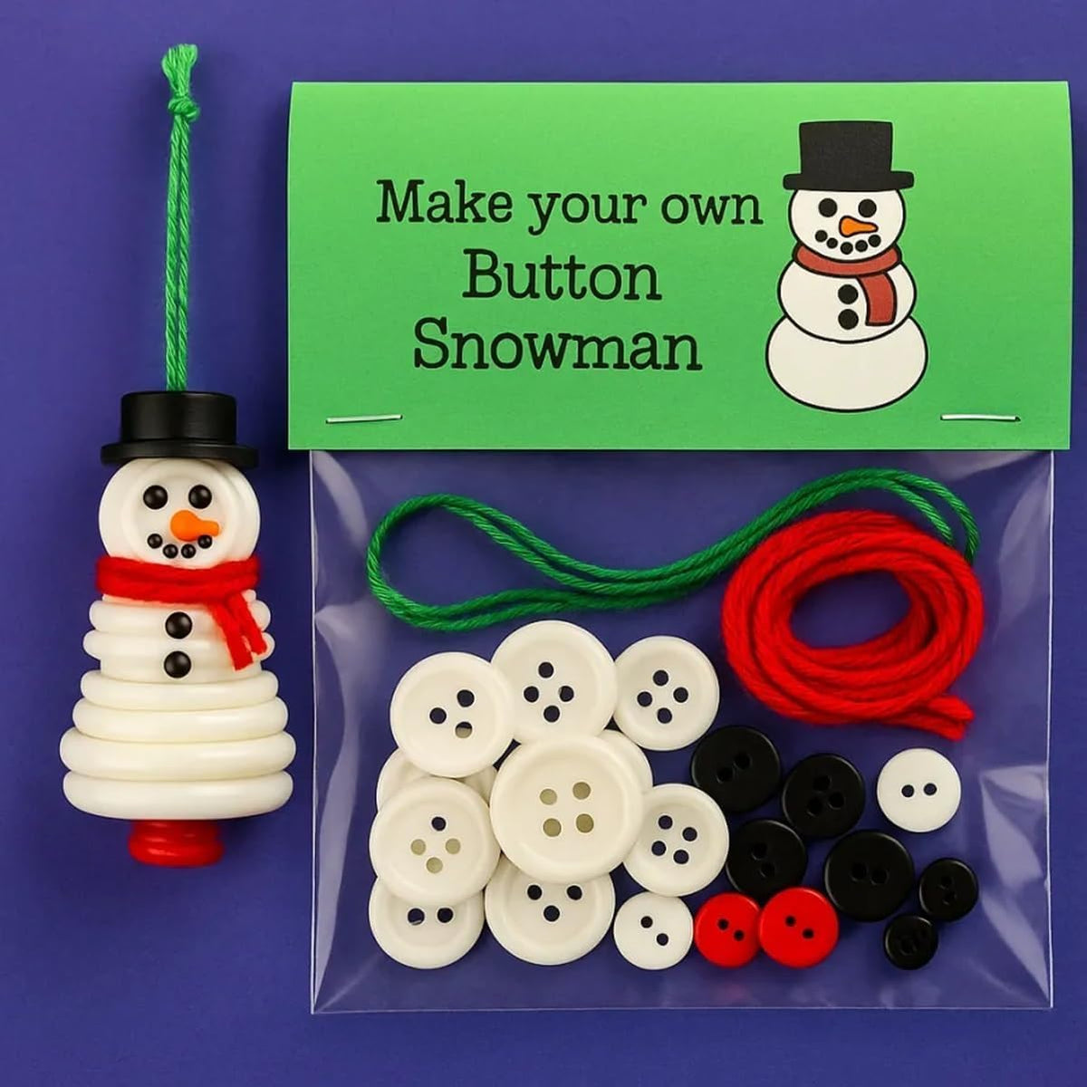 4pcs Button Christmas Tree Ornament Kits, Fun Holiday Decorations for All Ages, DIY Craft Buttons Kit with Christmas Snowman/Santa/Angel, Gifts for Xmas Tree Hanging Decorations (Snowman)