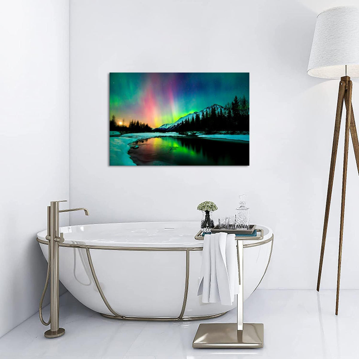 Aurora Borealis Canvas Wall Art Northern Lights Canvas Print Painting for Living Room Snowy-Mountains-Landscape Poster Picture Wooden Framed Prints Ready to Hang (24.00"x36.00")