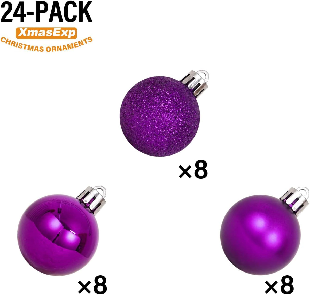 XmasExp 24ct Mini Christmas Ball Ornaments Shatterproof Christmas Ornaments Set Decorations for Xmas Tree Balls 30mm/1.18" (Purple)