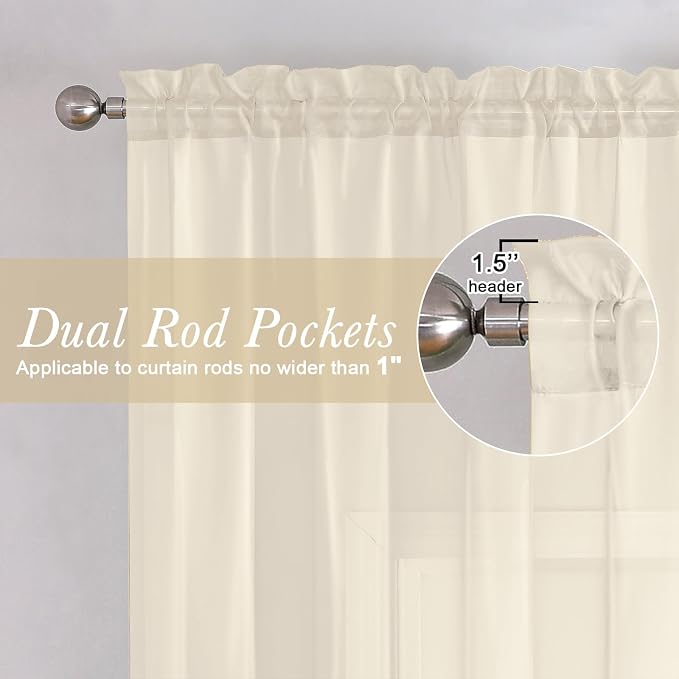 Cream Sheer Curtains 48 Inch Length 2 Pcs, Rod Pocket Light Filtering Voile - Image 3
