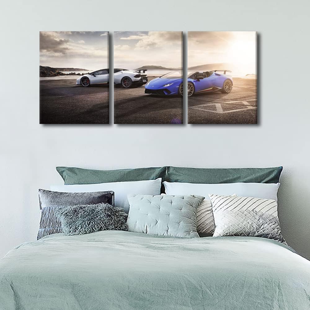 Super Car at Sunset Wall Art for Bedroom Sports Car Canvas Art Wall Decor White and Blue Cars Modern Wall Art Pictures for Living Room Hypercar Artwork Paintings Giclee Framed Ready to Hang 36"Wx16"H