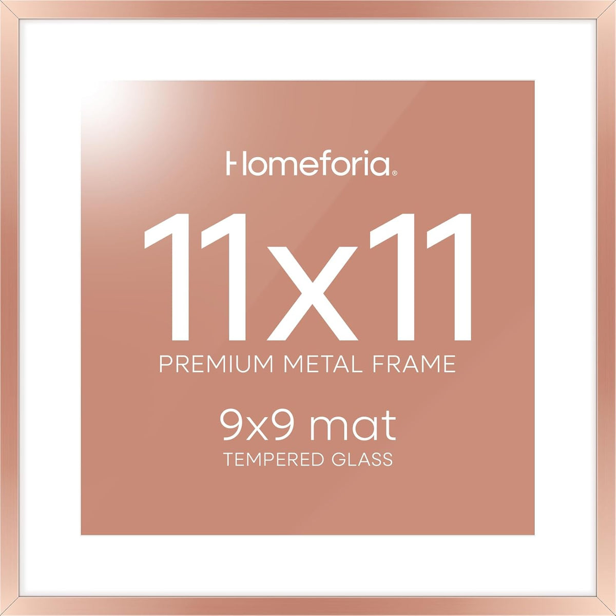 Homeforia 11x11 Rose Gold Picture Frame, High End Metal 11 by 11 Square Frames with Mat 9 x 9 Photo, 11by11 Poster Frame Matted to 9x9 inch Art, Wall Hanging Frames, Tempered Glass, Wall Kit, Set of 1