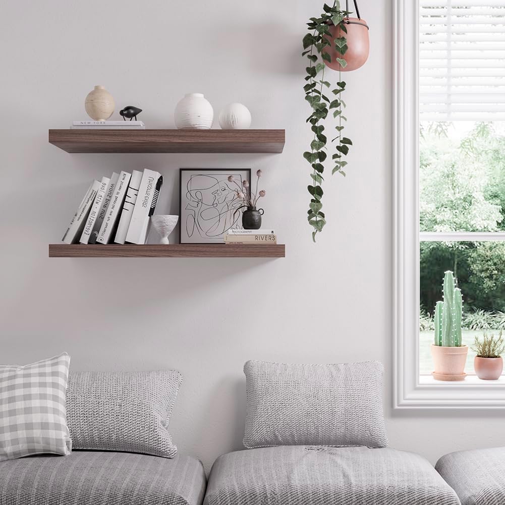 Floating Shelf, Set of 2 Wall Shelf, 24 in W x 12.75 in D x 2 in H Wooden Floating Wall Shelf with Invisible Brackets for Living Room/Bedroom/Bathroom/Kitchen Storage and Decor, Walnut