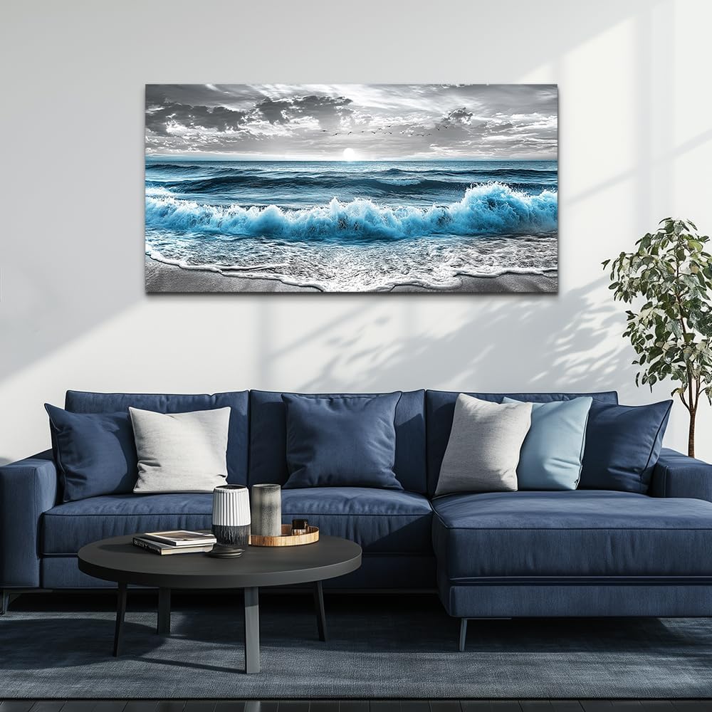ZUITINGHUA Large Wall Decor For Living Room Canvas Wall Art For Office Modern Wall Decorations For Bedroom Sea Wave Landscape Painting Black And White Pictures Artwork Room Home Decor 24x48 In