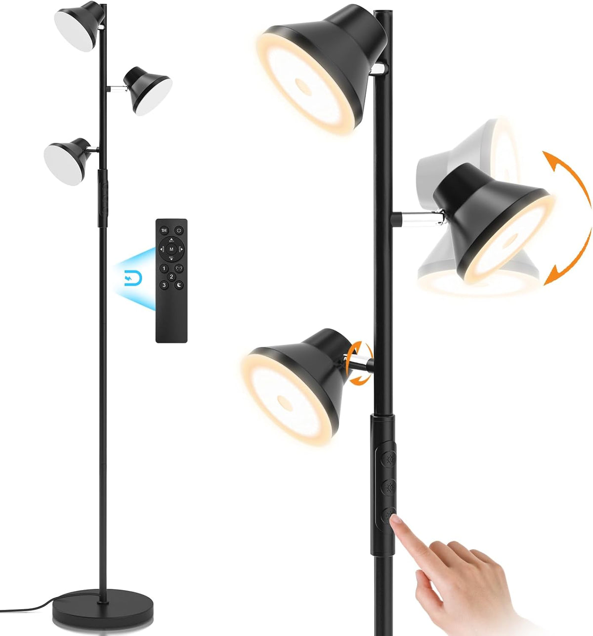 LED Floor Lamp, 36W Modern Floor Lamp with Remote & Touch Control, 4 Color Temperatures, Standing Lamp with 3 Rotatable Lights, Floor Lamps for Living Room, Bedroom, Office