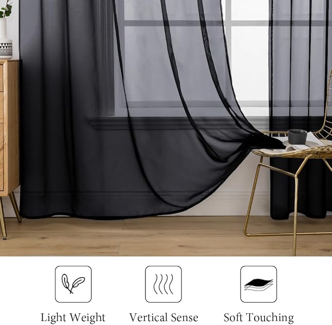 MIULEE 2 Panels Sheer Curtains for Living Room 54 X 54 Inches Black | Sheer - Image 4