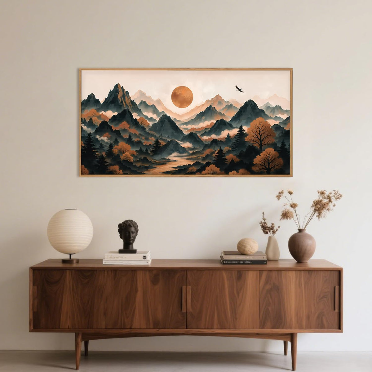 Large Boho Mountain Framed Canvas Wall Art Set, Brown Ridge Landscape Wall Decor, Pine Tree Scenery Wall Painting, Abstract Wilderness Art Print for Living Room, Bedroom, Office - 20X40