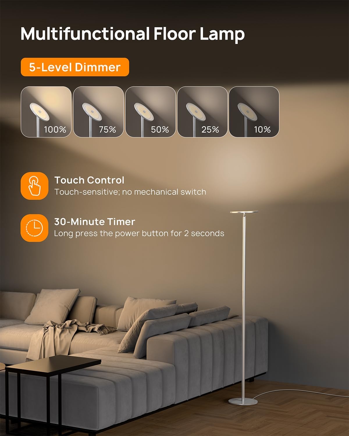 TROND Floor Lamp, 5000LM Super Bright Sky LED Modern Torchiere Standing Lamp, 3000K Warm White with 5-Level Dimmable, 71 in Tall Pole Light, 30-Minute Timer, Modular Rod, Wall Switch Compatible