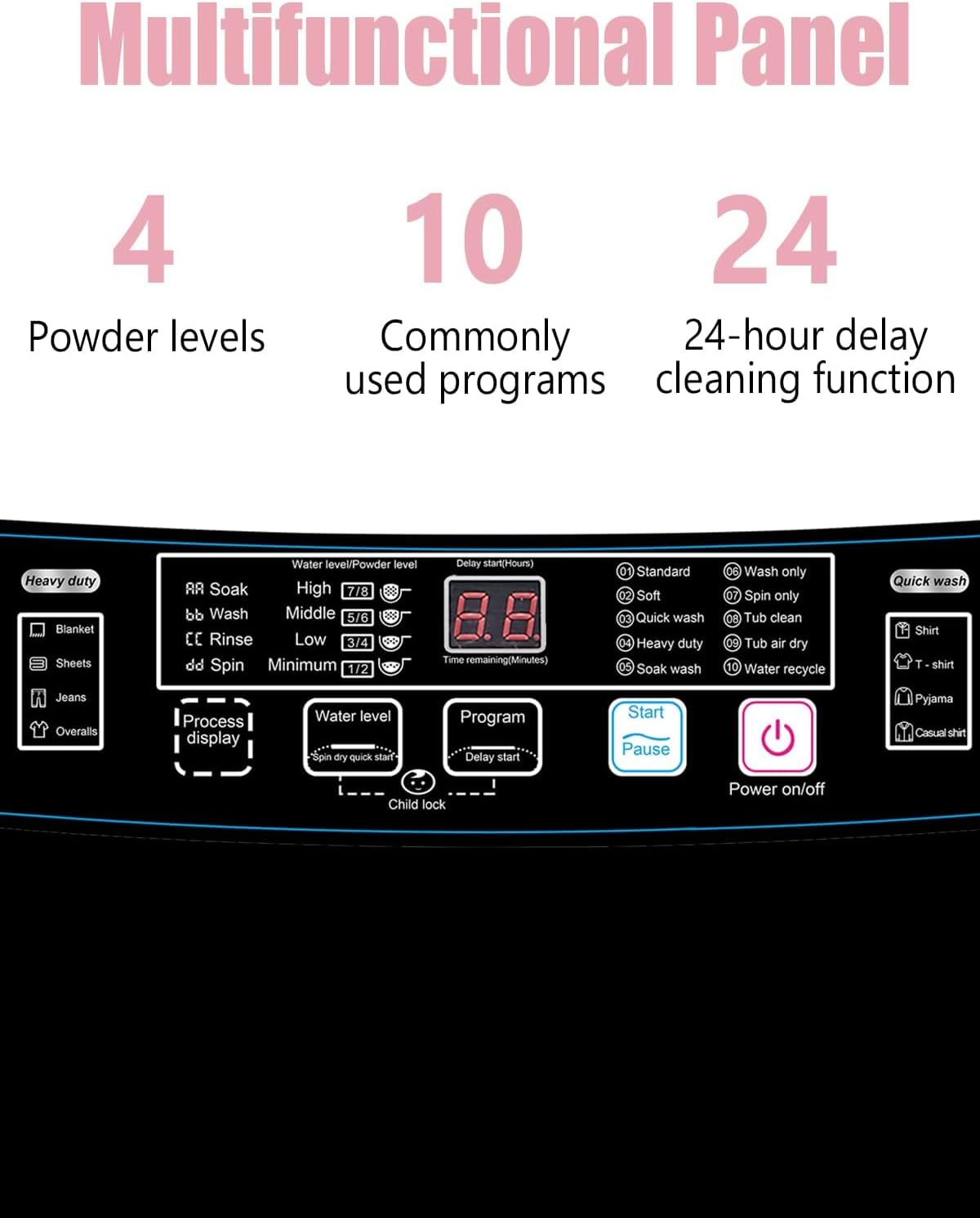 Full-Automatic Washing Machine 25 lbs Portable Washer 10 Wash Program & 8 Water Level with LED Display，Drain Pump, Ideal for Apartments, RV, Camping, Grey