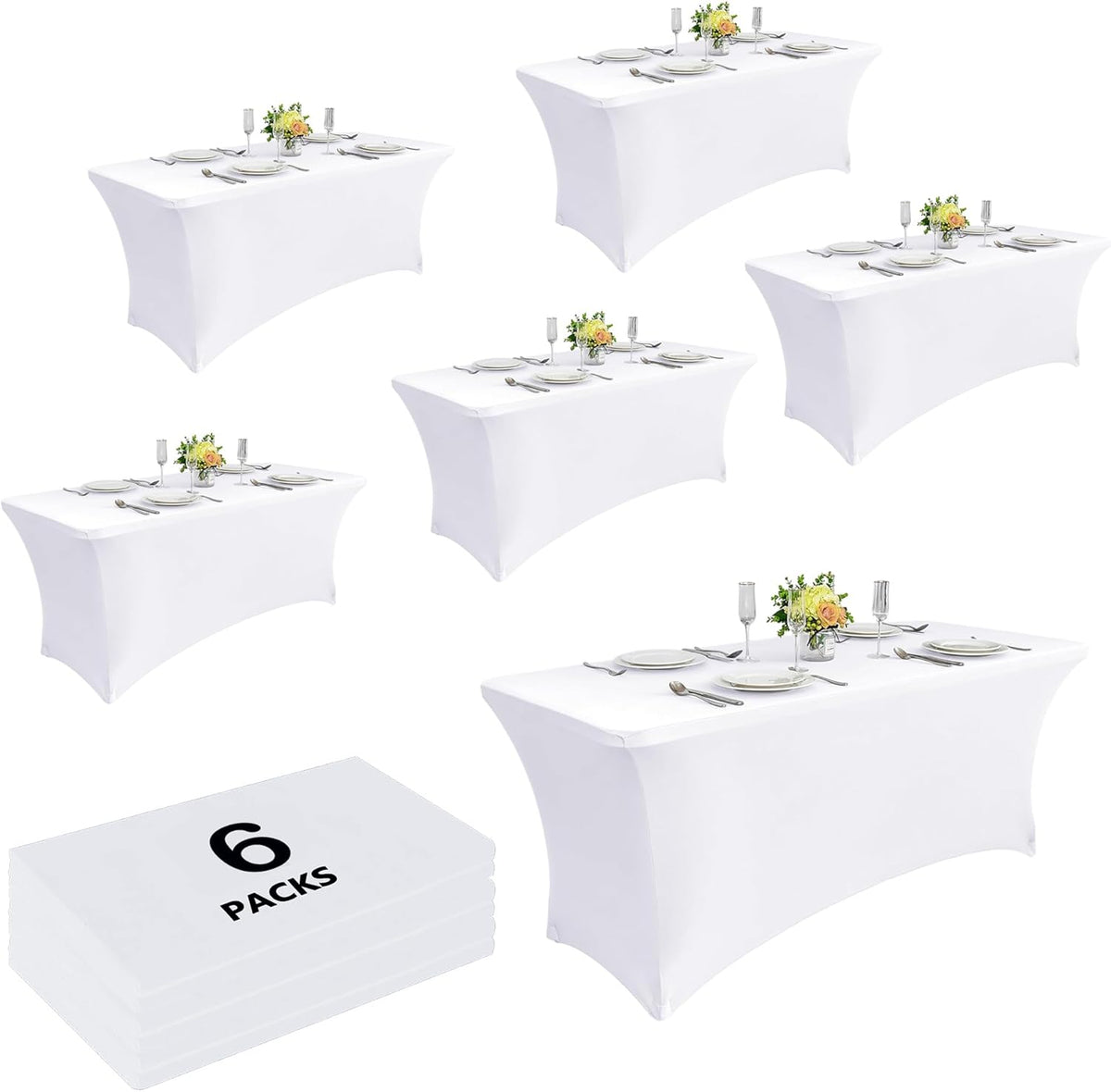 Craft And Party 6 Pack 6ft White Spandex Tablecloth – Fitted Stretch Cover – Universal Fit for Folding Tables – Wrinkle-Free, Washable – Ideal for Parties, Weddings, Events